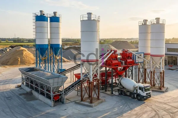 Pekerja konstruksi sedang mencampur adhimix dengan mesin molen