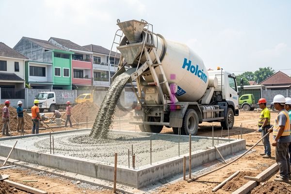Pengecoran ready mix di lokasi proyek perumahan