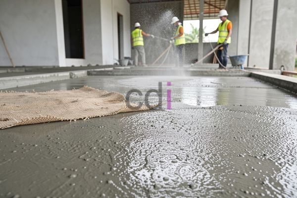 Ilustrasi pekerja sedang melakukan curing beton dengan karung basah