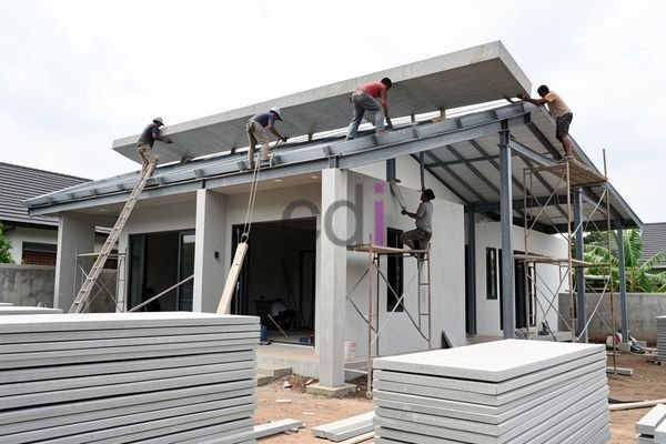Pekerja sedang memasang tulangan baja untuk atap plat beton