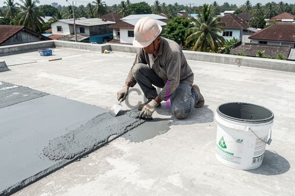 Contoh aplikasi lapisan waterproofing pada dak beton