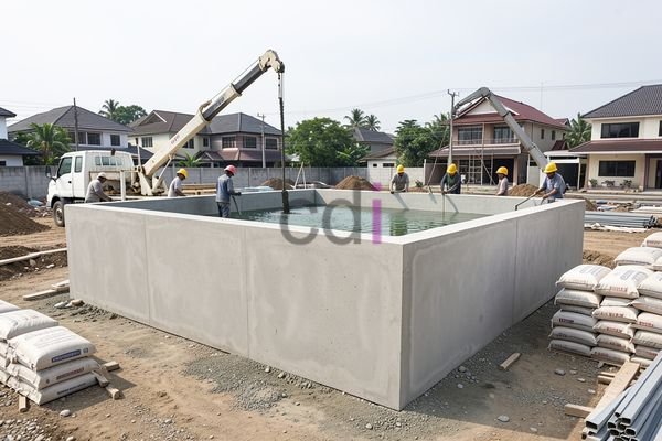 Bak penampungan air beton yang sudah terpasang di halaman belakang rumah