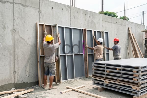 Contoh bekisting knock down baja ringan sedang dirakit di lokasi proyek