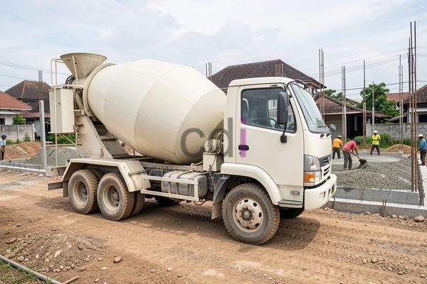 Ilustrasi pekerja konstruksi sedang menuang beton