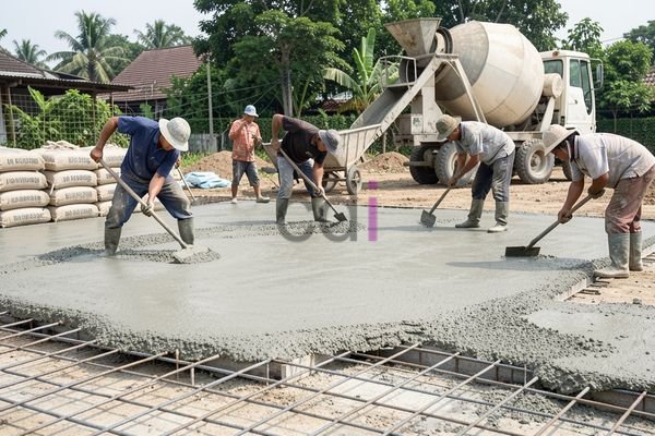 Pekerja sedang melakukan pengecoran lantai