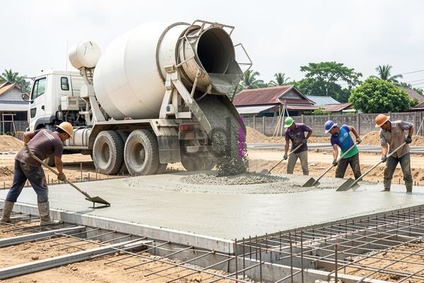 Ilustrasi pekerja cor sedang menuang beton