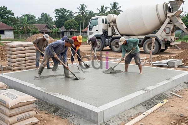 Pekerja sedang menuangkan beton ke bekisting dak
