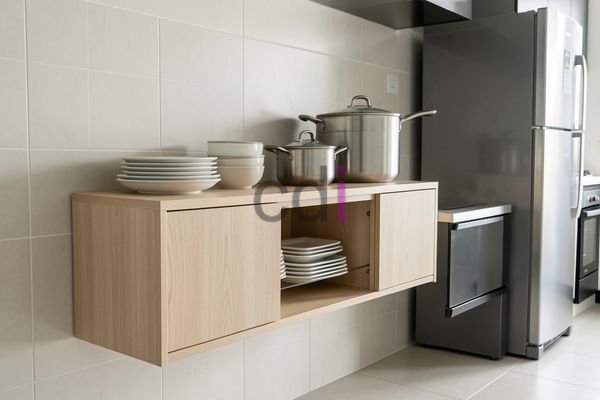Bufet dapur gantung minimalis dengan finishing putih dan kompartemen penyimpanan tertutup