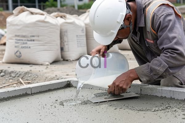 Ilustrasi pekerja konstruksi sedang mencampur beton dengan additive