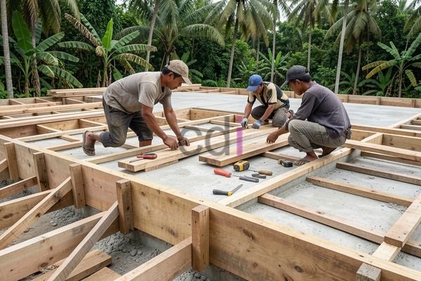 Ilustrasi pemasangan bekisting dak beton dengan penyangga