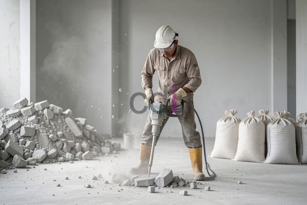 Pekerja sedang menggunakan jackhammer untuk membobok lantai beton