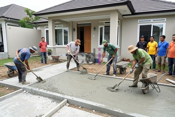 Contoh persiapan lahan cor halaman rumah dengan penggalian dan pemasangan bekisting