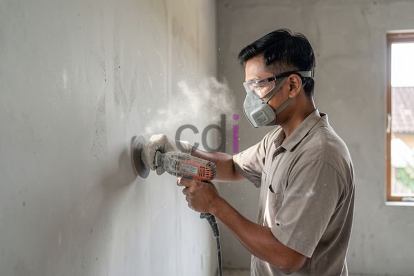Proses pengamplasan lantai epoxy yang rusak