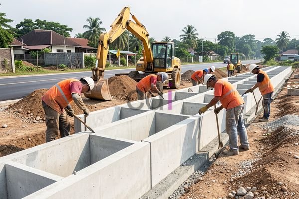 Contoh pemasangan saluran U Ditch di area parkiran