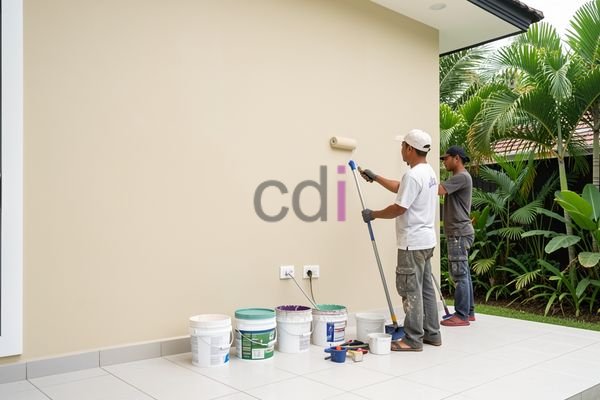 Contoh desain teras depan dengan cat tembok berwarna abu-abu dan aksen tanaman hijau