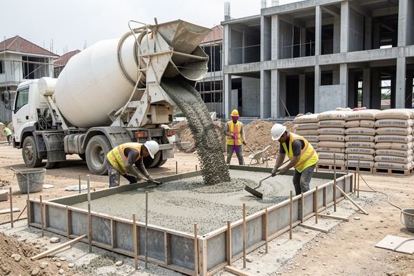 Pekerja sedang melakukan pengecoran beton